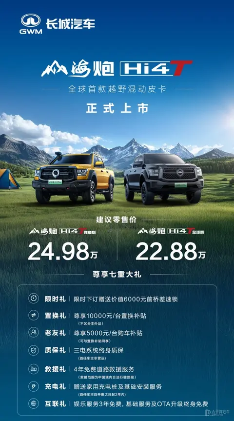 售22.88万起 长城山海炮Hi4-T上市 搭载2.0T插混系统/续航1000km